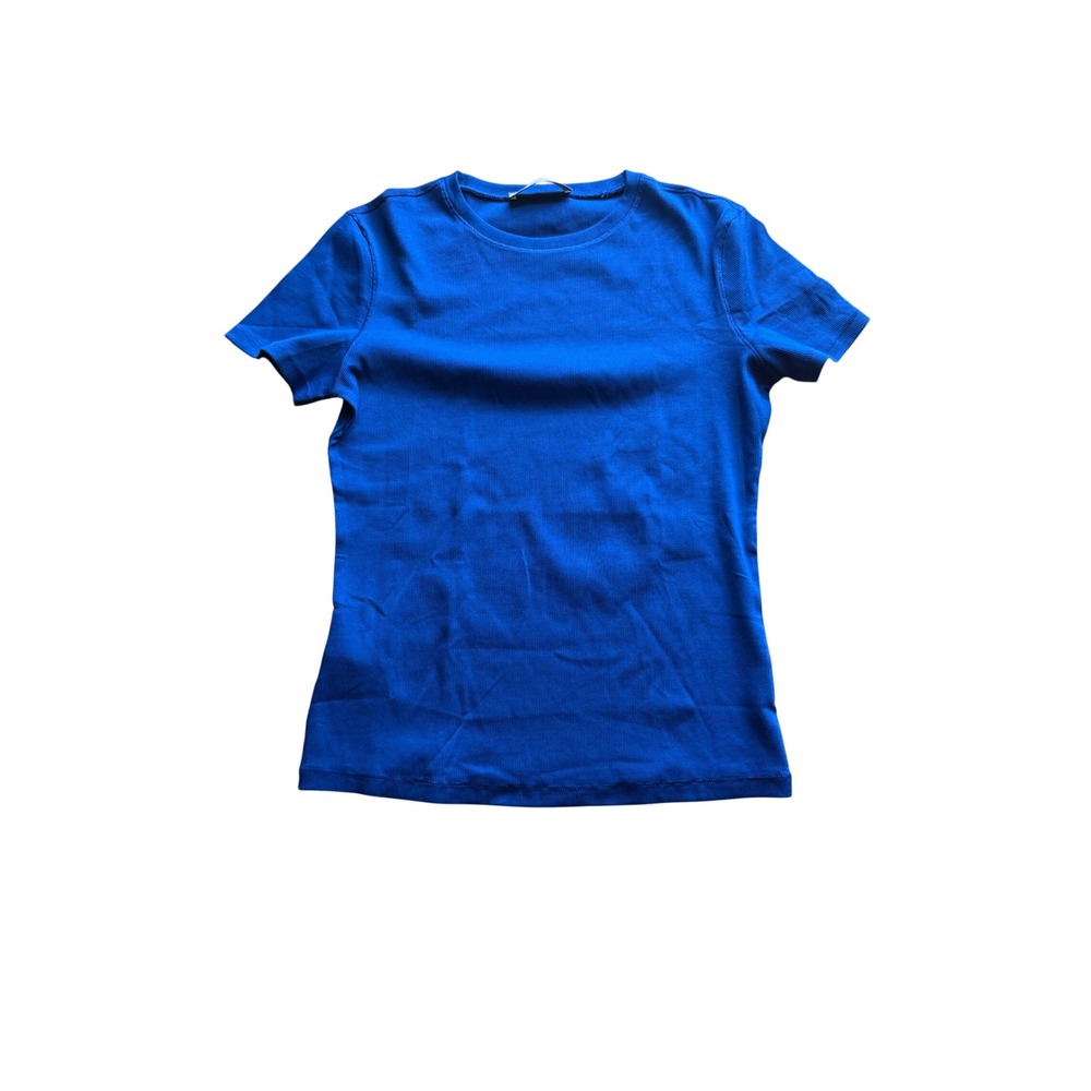 Mango MNG Royal Blue Ribbed Short Sleeve Crew Neck T-Shirt Womens Size M NWOT